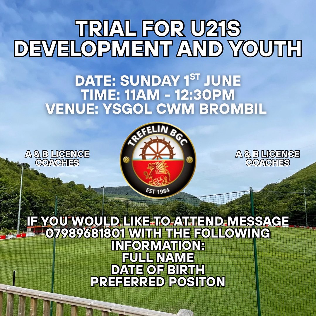 On Sunday the 1st of June we are hosting trials for our Under 21s Development and Youth Teams. 
Start at 11am and finish at 12:30pm, being held at Ysgol Cwm Brombil. If interested please message 07989681801 with your Full name, date of birth and preferred position.