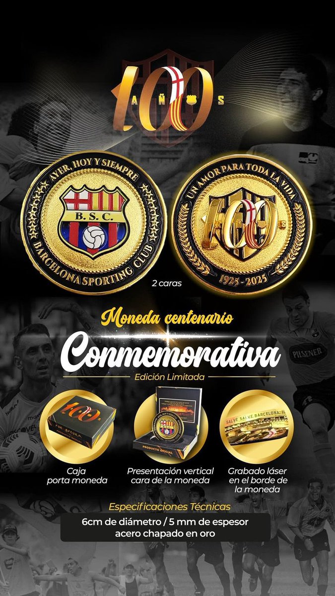 • Diámetro: 6 cm
• Espesor: 3.5 mm
• Acero bañado en oro brillante
• Grabado láser en el borde
• Alto relieve 3D para un acabado imponente
• Presentación en caja portamonedas personalizada

#BarcelonaSC100Años 
#LaSurOscuraSomosTodos