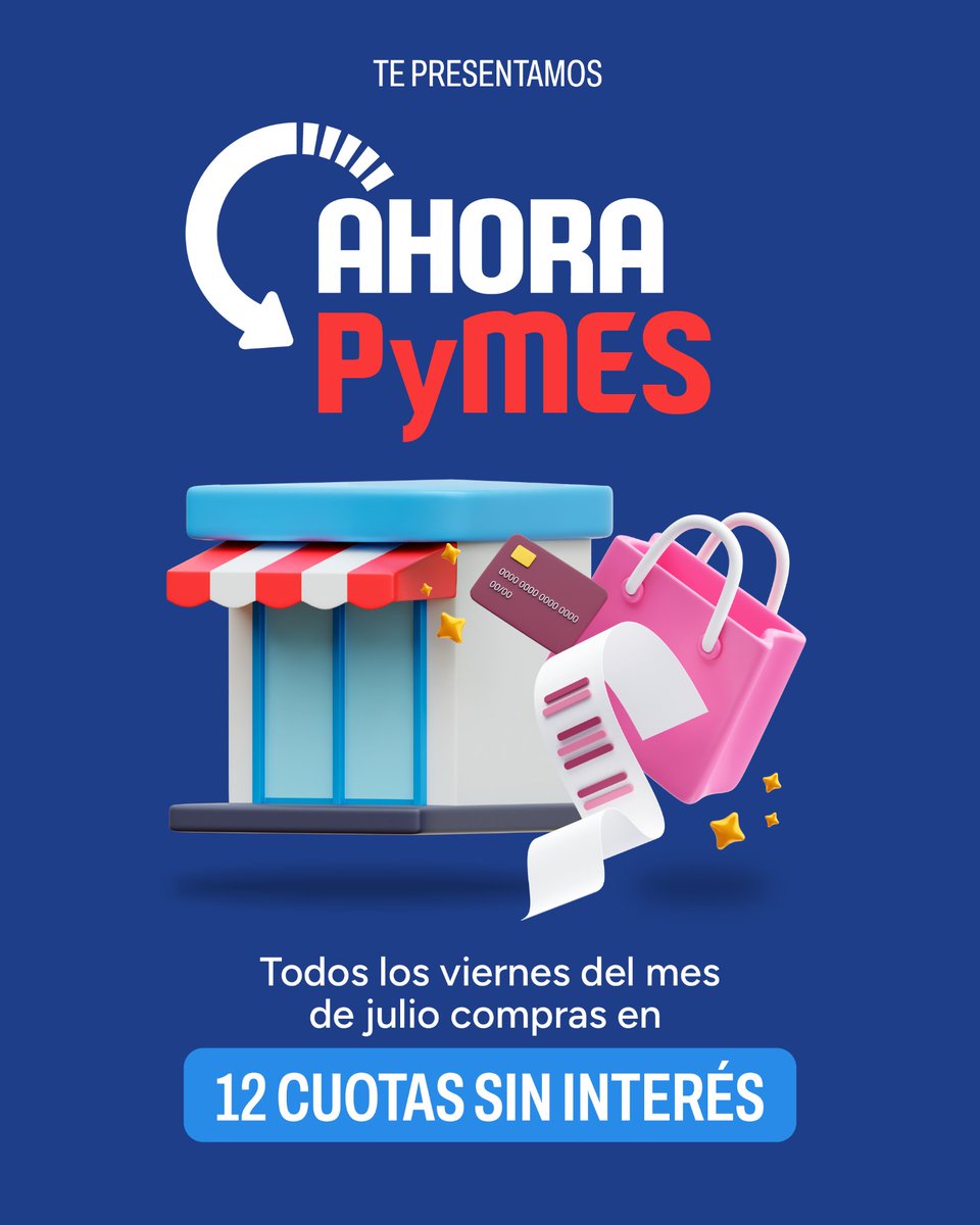 passalacquaok's tweet photo. Conforme a lo anticipado en el discurso del 1° de mayo, para fomentar la compra entre comercios misioneros, durante todos los viernes del mes de julio estará vigente el programa AHORA PYMES, que contempla la posibilidad de realizar compras en 12 cuotas sin interés por parte de empresas que cuenten con tarjetas de crédito Visa Business, hasta un monto de $10 millones mensuales por cuenta, en comercios que cuenten con certificado MiPyME. 💳

👉🏻 Los rubros alcanzados incluyen: muebles, electrodomésticos, neumáticos, librerías, envases, computadoras, tablets y celulares, indumentaria y calzado, entre otros.