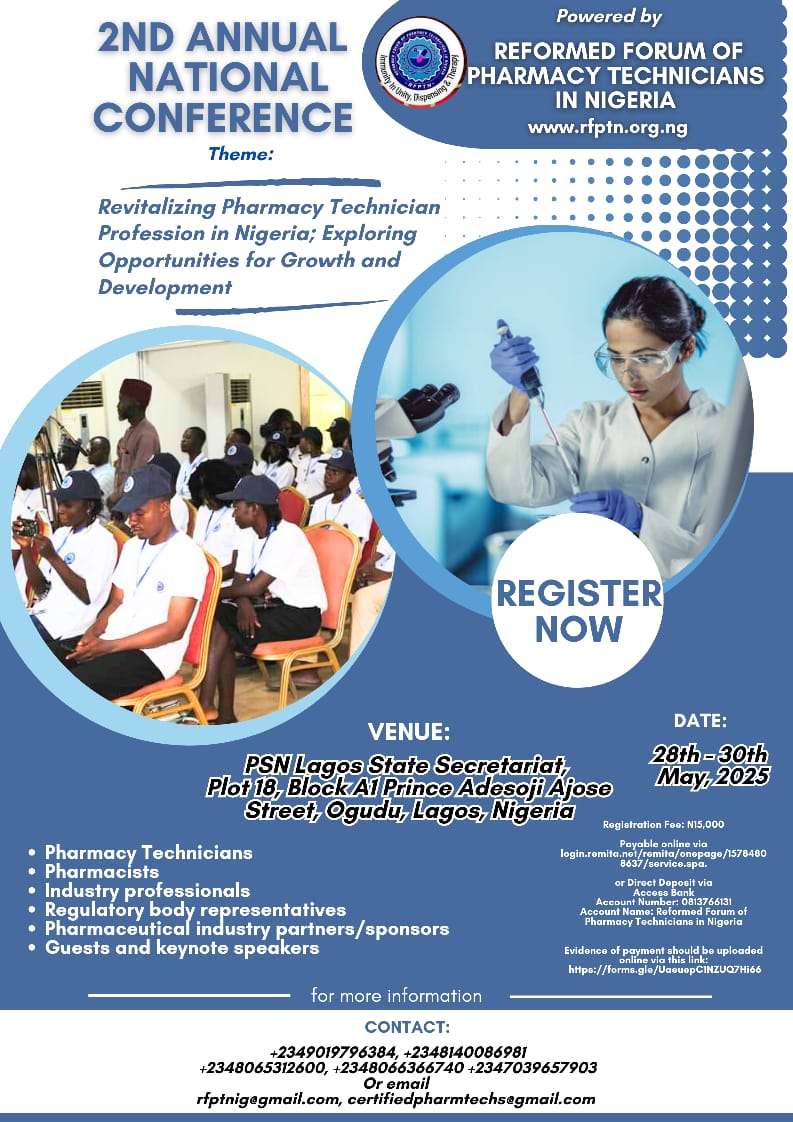 RFPTNIGERIA's tweet photo. The Reformed Forum of Pharmacy Technicians in Nigeria (RFPTN) presents it's 2nd Annual National Conference. https://t.co/4uKMUVY6bG