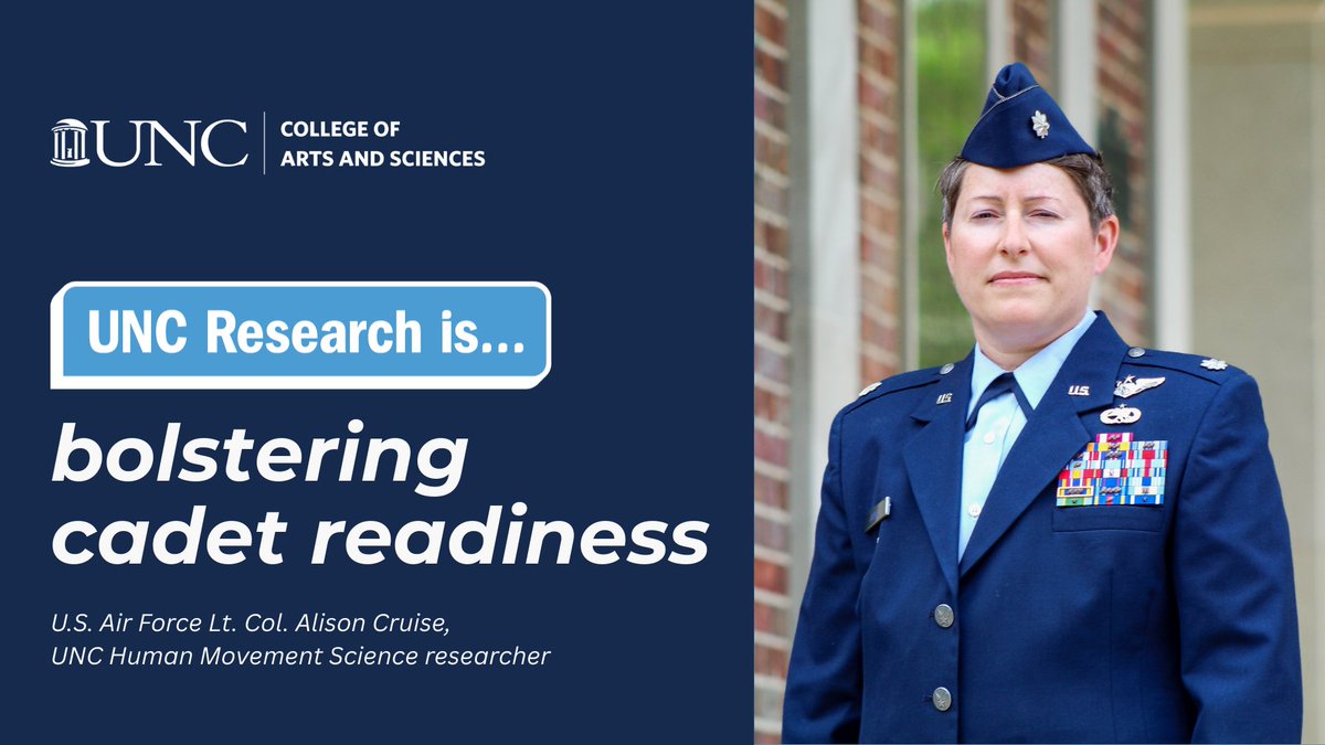UNC College of Arts and Sciences (@unccollege) on Twitter photo Lt. Col. Alison Cruise has served in the <a href="/usairforce/">U.S. Air Force</a> for two decades.
She is now taking that experience to #UNC as a <a href="/UNC_SOM/">UNC School of Medicine</a> and <a href="/UNCEXSS/">UNC EXSS</a> Ph.D. student. Her research focuses on cadet readiness and retention, which are integral to the U.S. armed forces
go.unc.edu/cruise Lt. Col. Alison Cruise has served in the <a href="/usairforce/">U.S. Air Force</a> for two decades.
She is now taking that experience to #UNC as a <a href="/UNC_SOM/">UNC School of Medicine</a> and <a href="/UNCEXSS/">UNC EXSS</a> Ph.D. student. Her research focuses on cadet readiness and retention, which are integral to the U.S. armed forces
go.unc.edu/cruise