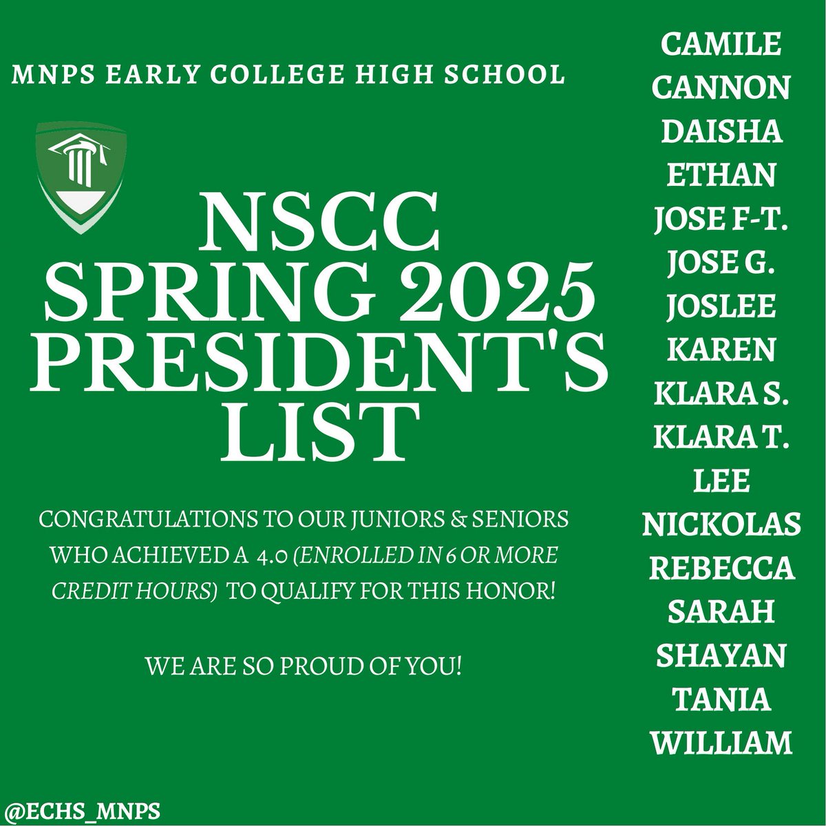 Shout out to our juniors and seniors who achieved the @nashvillestate honor of PRESIDENT’S LIST (a 4.0 GPA!) for the Spring 2025 semester. Keep making yourself proud!! 💚🎓🤍 #BetterTogether #ECHSLevelUp #HSDualEnrollment #PresidentsList @metroschools