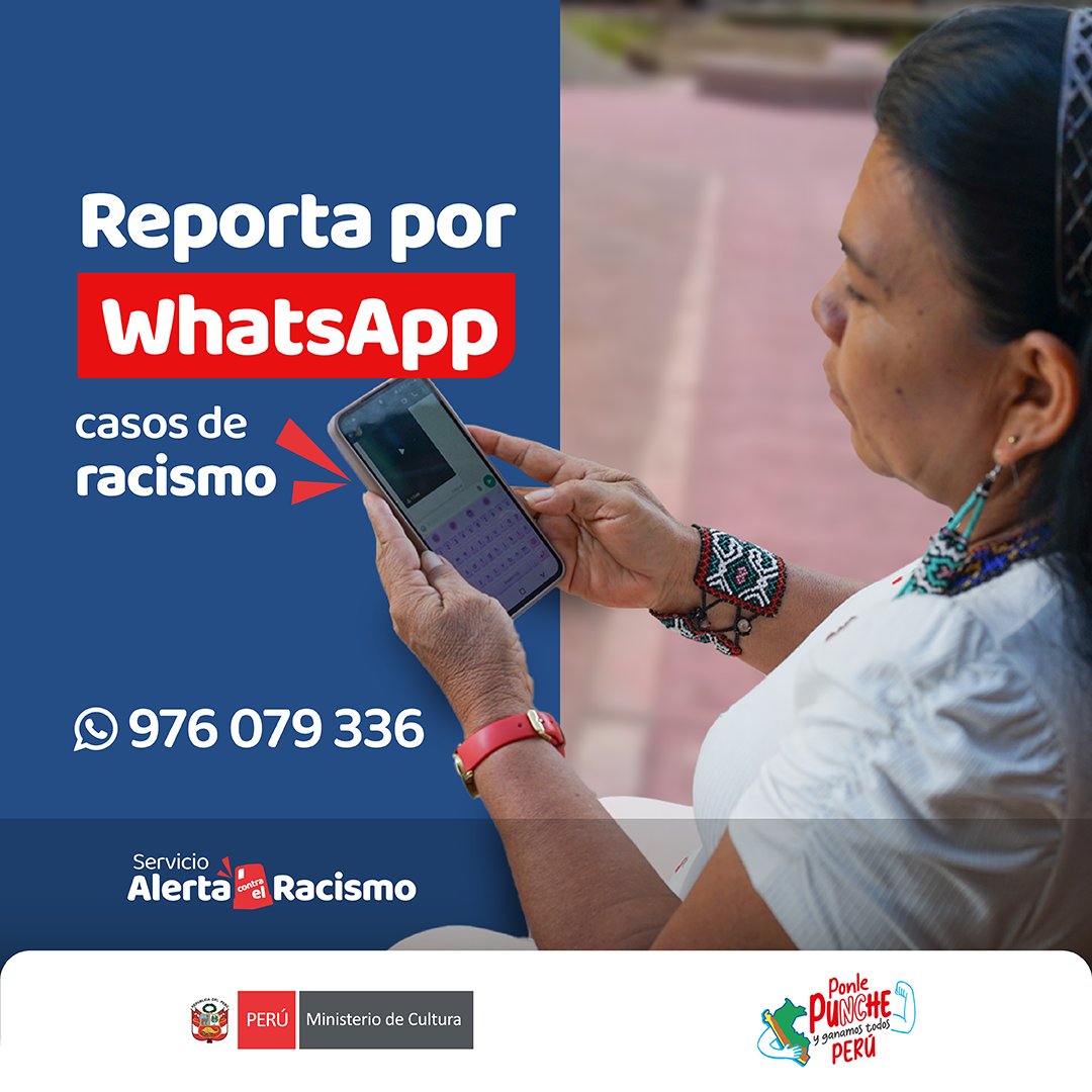 ¡No te quedes callado frente al racismo! 📲 Reporta cualquier acto discriminatorio directamente a través del WhatsApp de Alerta Contra el Racismo al 976079336.

Juntos podemos construir un país donde todos sean respetados y valorados. Tu voz importa. 🫶