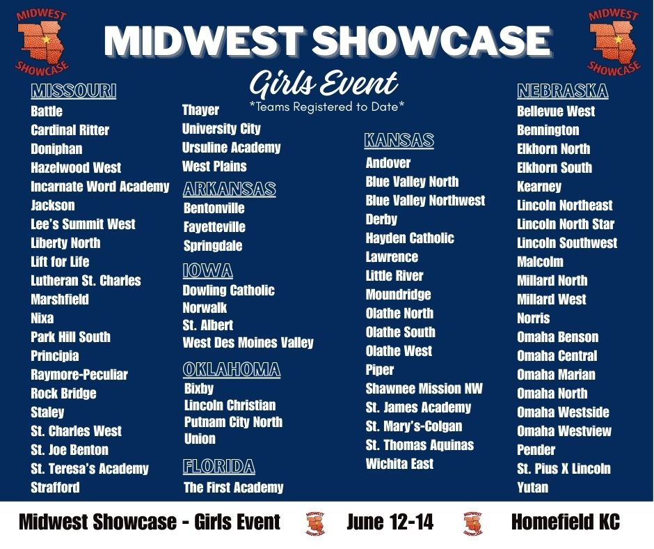 Midwest Showcase (@mw_showcase) on Twitter photo Here is a list of teams *registered to date* for the 2025 Girls Midwest Showcase Event! 🏀 Great basketball to come at Homefield KC on June 12-14th!
<a href="/homefieldkc/">Homefield Kansas City</a> @mbca_coaches Here is a list of teams *registered to date* for the 2025 Girls Midwest Showcase Event! 🏀 Great basketball to come at Homefield KC on June 12-14th!
<a href="/homefieldkc/">Homefield Kansas City</a> @mbca_coaches