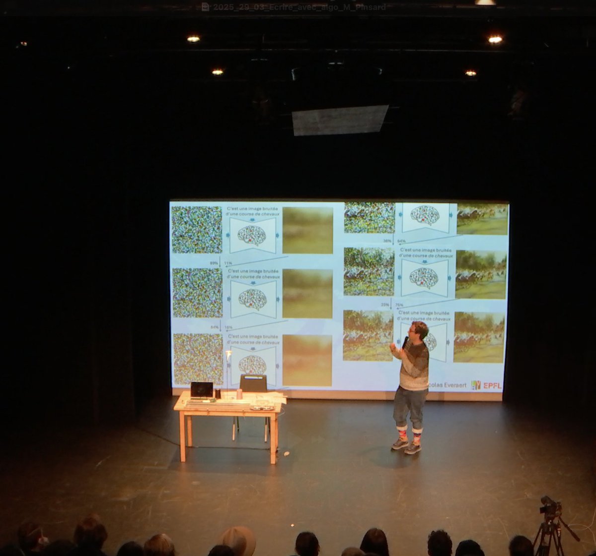 EveraertMartin's tweet photo. 🆕 achievement unlocked in my PhD: presenting diffusion models live on stage during a theater performance 🎭

I generated some visuals for "Écrire avec des algorithmes" by Marielle Pinsard &amp; Quinté+, performed in March at La Grange (UNIL)
Then I explained how these AI models work https://t.co/mQZX691kTu