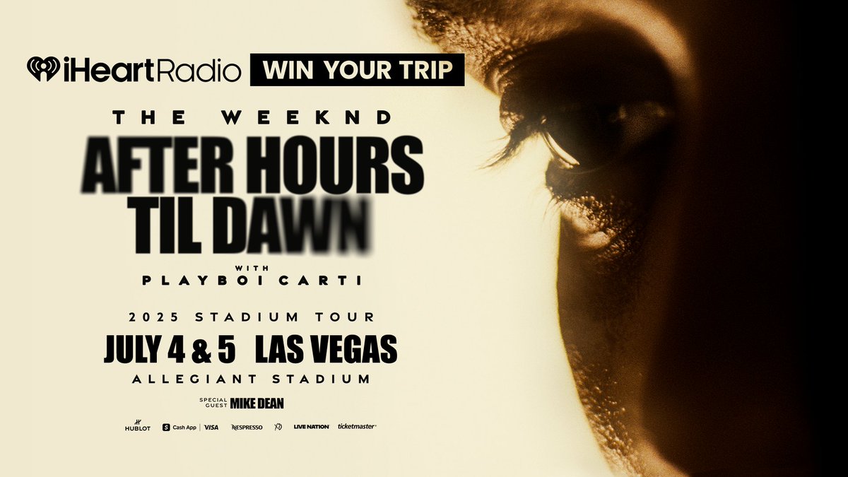 iHeartRadio's tweet photo. ⭐️ Calling all @theweeknd fans!! Here is your chance to win a trip to Las Vegas for the After Hours Til Dawn 2025 Stadium Tour at Allegiant Stadium!

Want 20 bonus entries?! Listen to The Weeknd Radio on the FREE iHeartRadio App: https://t.co/TJBCnRncfj https://t.co/PvcQvVFrdR