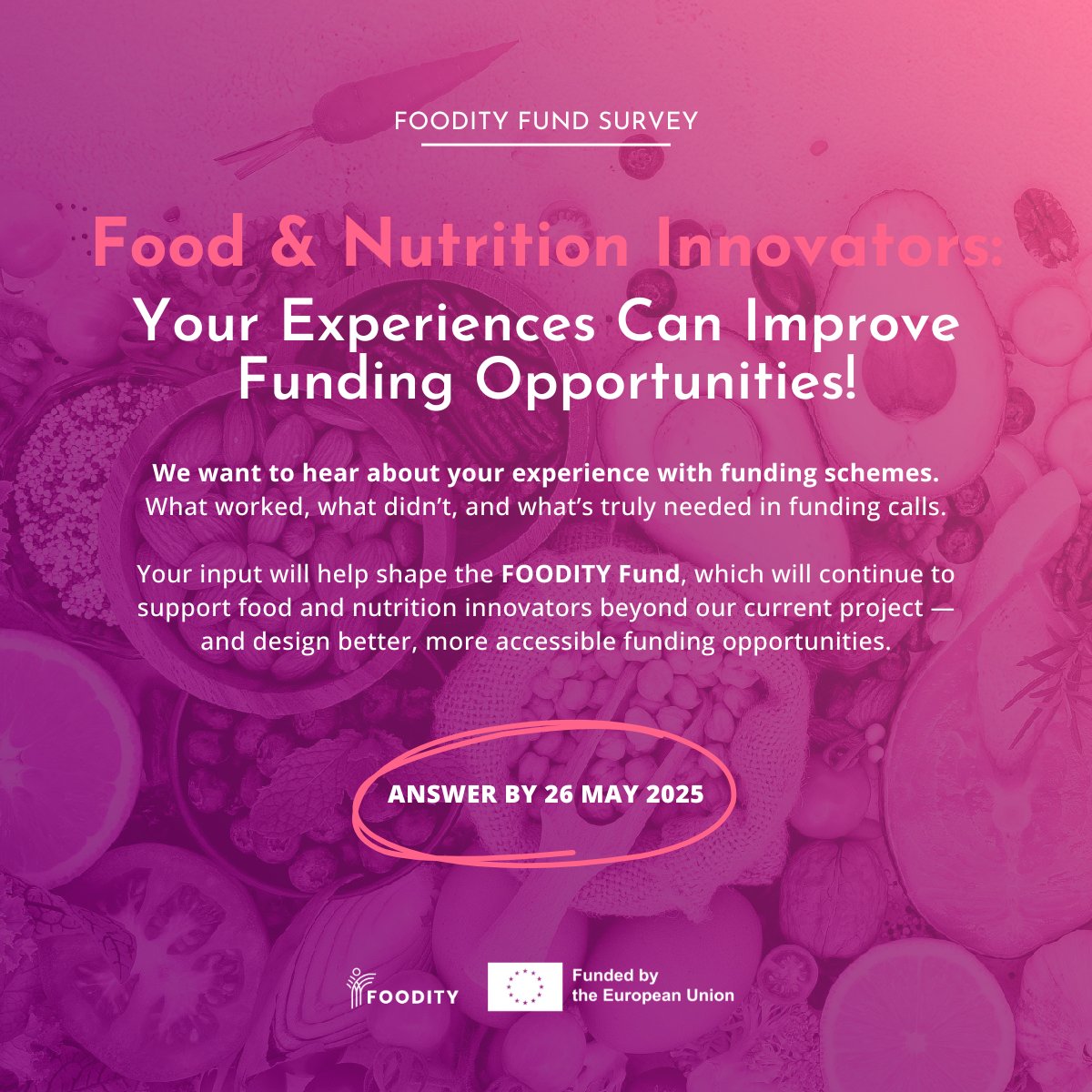 📢 Food &amp; nutrition innovators: help us improve future #FundingOpportunities!

What worked in your funding journey? We're designing the #FOODITYfund to support teams beyond the <a href="/FOODITY_EU/">FOODITY</a> project — and your feedback is key.

📩 Answer by 26 May: docs.google.com/forms/d/e/1FAI…