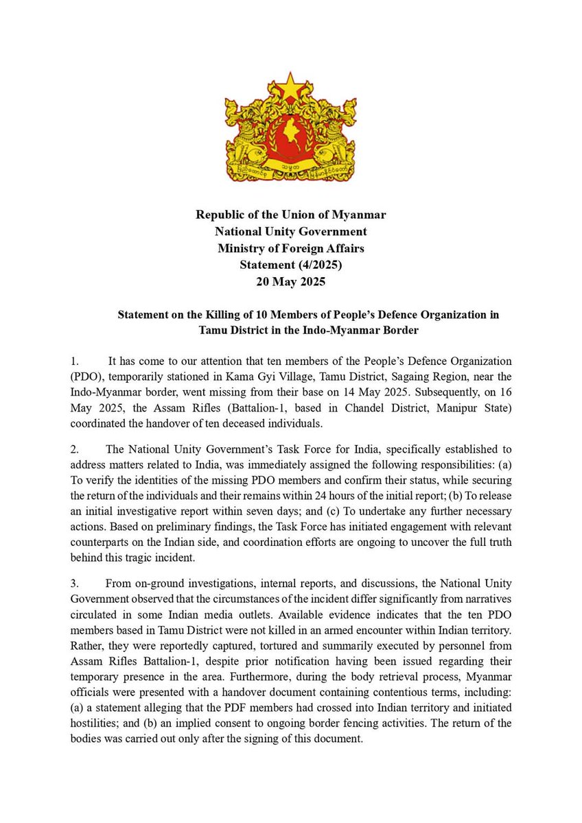 MFA_NUG's tweet image. NUG MoFA Statement (4/2025) - 20 May 2025

We express deep concern over the killing of 10 PDF members near the Indo-Myanmar border. We call for full clarification and reaffirm our commitment to cooperate with the Government of India to ensure justice and prevent future incidents.