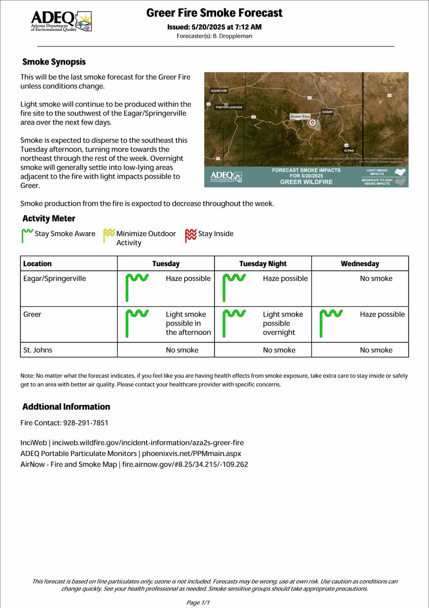 Greer Fire Update for Tuesday, May 20th, 2025:  The fire is 20,308 acres and is now at 55% containment. About 670 personnel are assigned to the fire.   

All “GO” evacuation orders have been downgraded to “SET” status, lifting current restrictions and allowing residents to safely