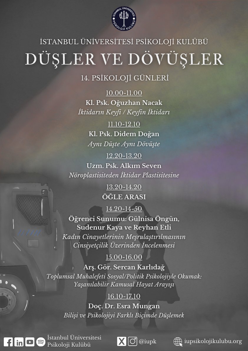iupk's tweet photo. PSİKOLOJİ GÜNLERİNE SON 4 GÜN!

İstanbul Üniversitesi Psikoloji Kulübü olarak düzenlediğimiz “Düşler ve Dövüşler” temalı 14. Psikoloji Günleri’nin akışı sizlerle. ✨

Kayıt Formu: https://t.co/MQDooXoESy https://t.co/VZmqJ135Pg