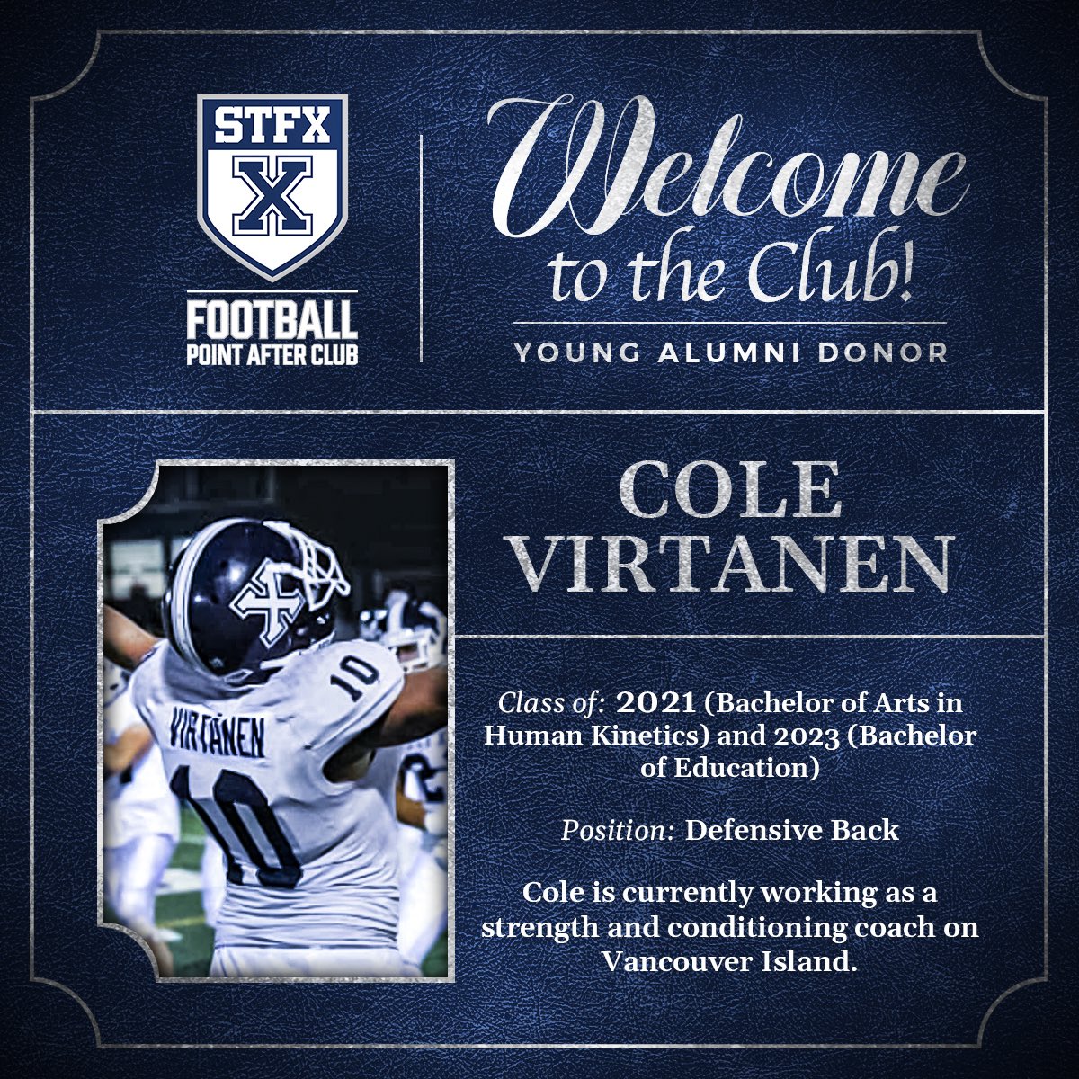 X-Men Football would like to welcome Cole Virtanen to the Point After Club as a Young Alumni Donor!

To learn more about the Point After Club visit xmenpac.ca