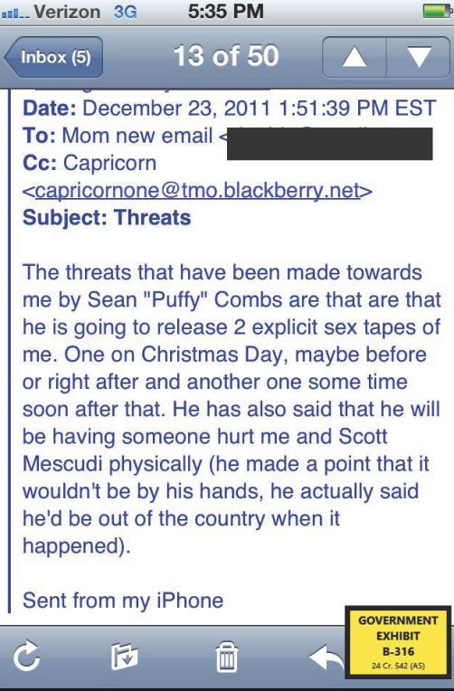 KlasfeldReports's tweet photo. Cassie Ventura's mother is on the stand and describes her reaction to receiving this email, which was introduced into evidence.

“I was physically sick. I did not understand a lot of it. The sex tapes threw me. … I knew that [Sean Combs] was trying to hurt my daughter.” https://t.co/EehCurJiRW