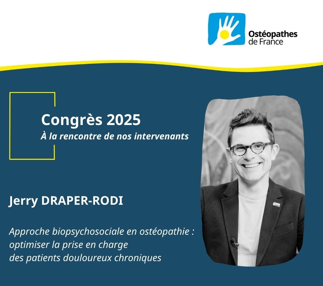 OsteosFrance's tweet photo. Nos intervenants au #CongresOdF : Jerry Draper-Rodi interviendra sur le thème : "Approche biopsychosociale en ostéopathie : optimiser la prise en charge des patients douloureux chroniques" https://t.co/gWO80QdCV1 https://t.co/dojMzIj3PB