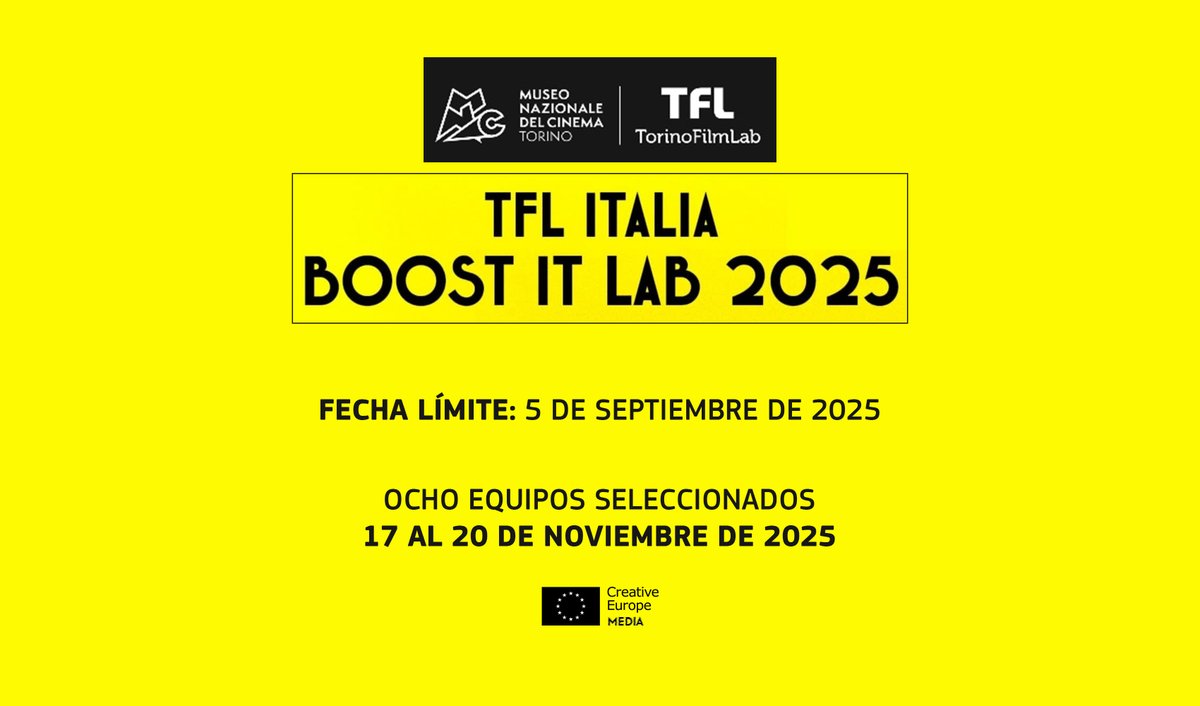 OficinaMEDIAEs's tweet photo. TorinoFilmLab: Presenta tu proyecto en Boost IT Lab 2025 si buscas socios italianos de coproducción.
Fecha límite: 5 de septiembre de 2025.
Ocho equipos seleccionados.
Más info > https://t.co/y2p0Z8ToTN
#TorinoFilmLab #BoostItLab https://t.co/pDPSt7GLN3