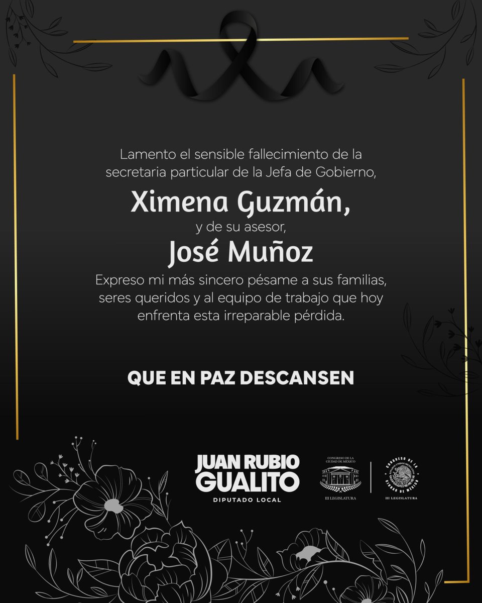 juanrubiog's tweet photo. Condeno el ataque en contra de Ximena Guzmán y José Muñoz, grandes personas que dedicaron su vida al servicio público con honestidad y compromiso. Expreso mi más sentido pésame a sus familias, a la Jefa de Gobierno y a todo su equipo. Confío plenamente en que las autoridades harán justicia y que los responsables serán sancionados.

@GobCDMX
@ClaraBrugadaM