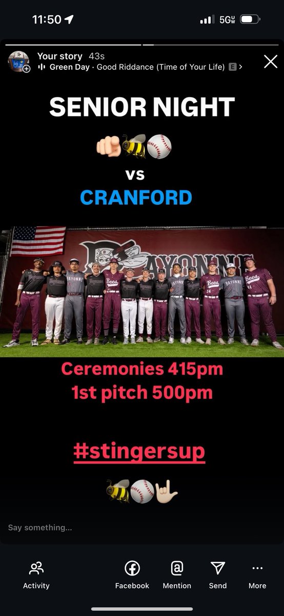 Senior Night tonight at the Hive ! 1st Pitch vs Cranford is set for 500pm. Ceremonies BEEgin at 415pm. #stingersup #Team113 #thosewhostayed 🐝⚾️🤟🏻🙏🏻❤️🫡