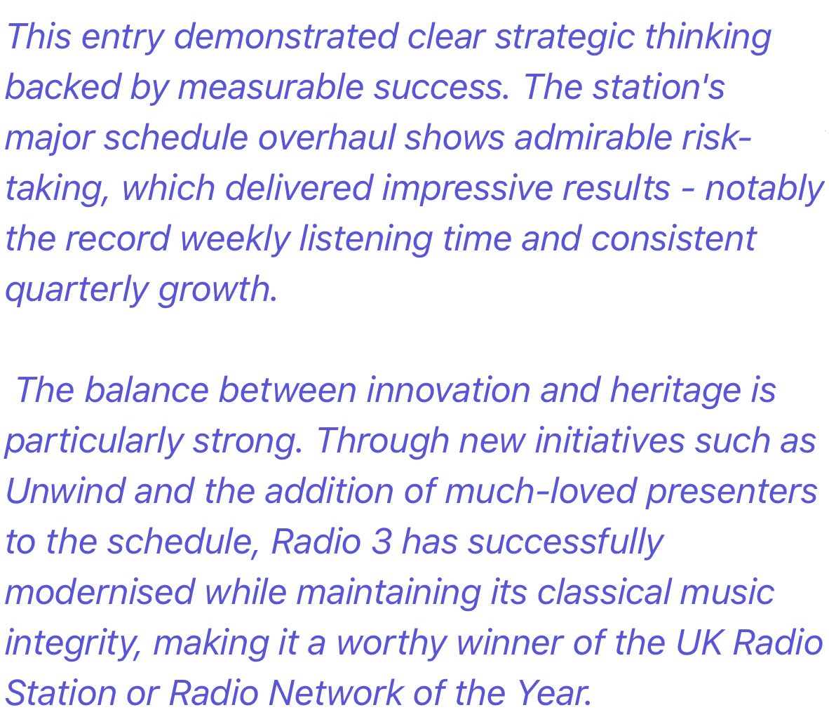 Sam Jackson (@classicjacko) on Twitter photo Just been sent the certificate and judges’ citation for <a href="/BBCRadio3/">BBC Radio 3</a>’s #UKARIAS Station of the Year win last week. Not sure we quite took the words on board at the time (they were mostly drowned out by the screaming…!). Just been sent the certificate and judges’ citation for <a href="/BBCRadio3/">BBC Radio 3</a>’s #UKARIAS Station of the Year win last week. Not sure we quite took the words on board at the time (they were mostly drowned out by the screaming…!).