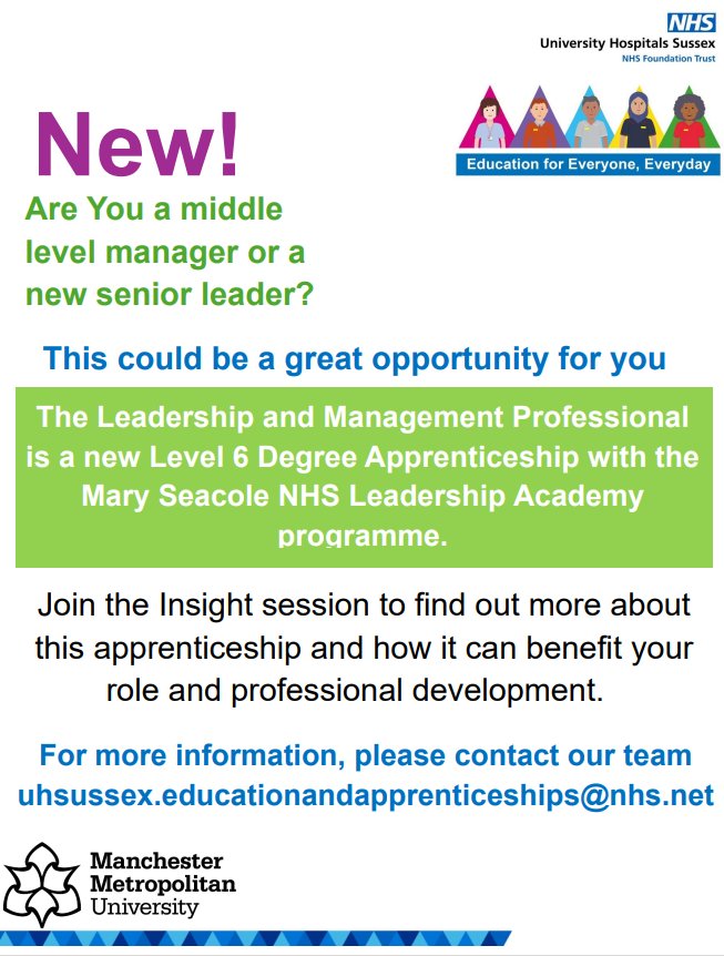 UHSussex Education and Apprenticeships (@uhsx_eduapps) on Twitter photo Leadership and Management Professional Level 6 Apprenticeship Insight session on Tuesday next week.
For more information or how to book, please email us uhsussex.educationandapprenticeships@nhs.net
#development
#leadership
#Management Leadership and Management Professional Level 6 Apprenticeship Insight session on Tuesday next week.
For more information or how to book, please email us uhsussex.educationandapprenticeships@nhs.net
#development
#leadership
#Management
