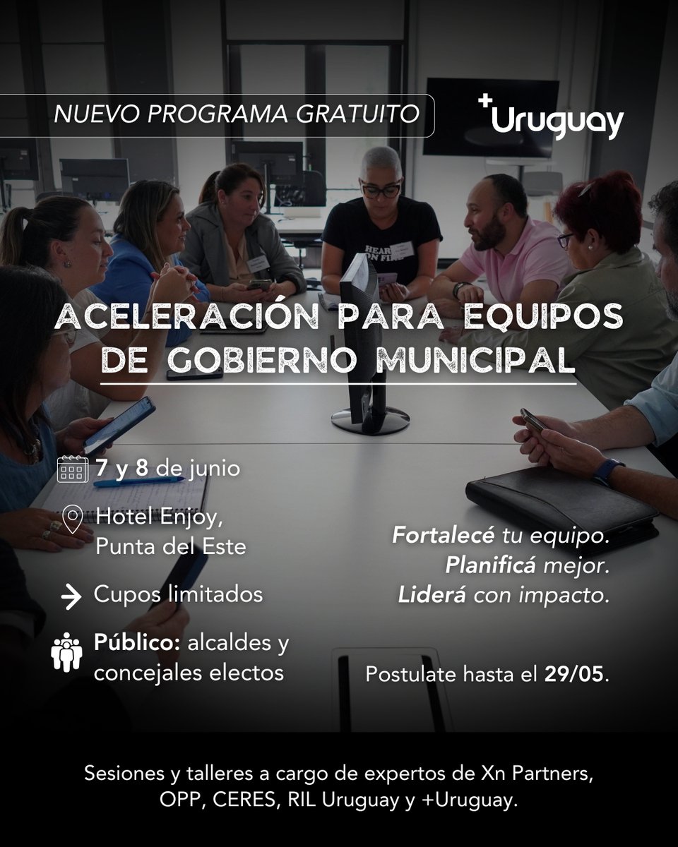 ¡Lanzamos nuestro 3er programa para alcaldes y concejales electos! 🚀

 Aceleración para Equipos de Gobierno Municipal:

📅 7 y 8 de junio
📍 Enjoy, Punta del Este
✅ Cupos limitados
🆓 100 % gratuito

📩  Postulaciones hasta el 29/5 a masuruguay@masuruguay.org

#LiderazgoLocal