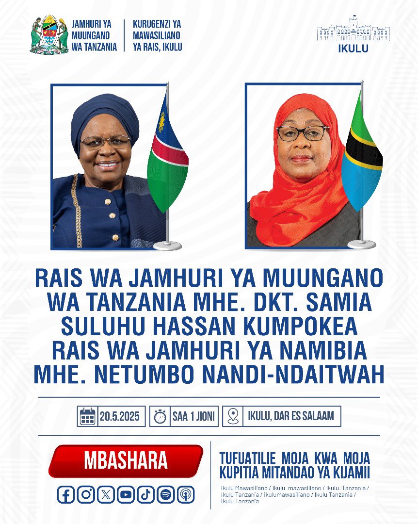 Fuatilia matangazo ya moja kwa moja kupitia Akaunti zetu za Instagram: ikulu_mawasiliano, Facebook: Ikulu Tanzania Facebook fanpage: Ikulu Mawasiliano Twitter: ikulu_Tanzania Youtube Channel: Ikulu Tanzania Tovuti: ikulu.go.tz