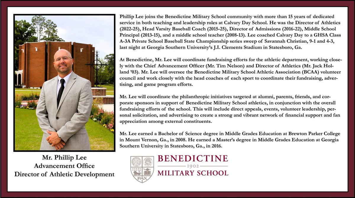 Frank Sulkowski WJCL (@thebigguywjcl) on Twitter photo Just hours after leading <a href="/GoCavsBB/">Calvary Day Baseball</a> to a state title, Phillip Lee introduced as new addition at <a href="/TheBC400/">Benedictine Military School</a> Just hours after leading <a href="/GoCavsBB/">Calvary Day Baseball</a> to a state title, Phillip Lee introduced as new addition at <a href="/TheBC400/">Benedictine Military School</a>