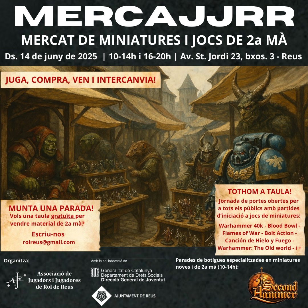 AJJRR's tweet photo. 🎉 Torna el #MERCATAJJRR!
El mercat de Reus dedicat a les miniatures, els jocs de taula i el rol. Una jornada per comprar, vendre, intercanviar i gaudir del hobby amb bona companyia!

📅 14 de juny de 2025
🕙 Horari: de 10:00 a 14:00 i de 16:00 a 20:00
📍 Lloc: Local de l’AJJRR https://t.co/O8BtySOIq6