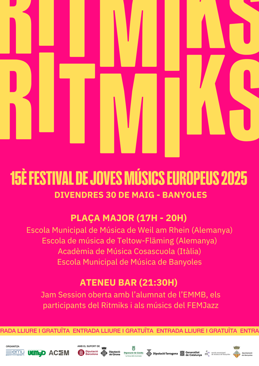🥳🎶 Banyoles serà seu del Ritmiks, el Festival de Joves Músics Europeus!

🎷🎸 A Banyoles acollirem uns 60 joves músics provinents d’Itàlia i Alemanya que tocaran el divendres 30 de maig (17h - 20h) a la Plaça Major, junt amb dues de les nostres Big Bands!