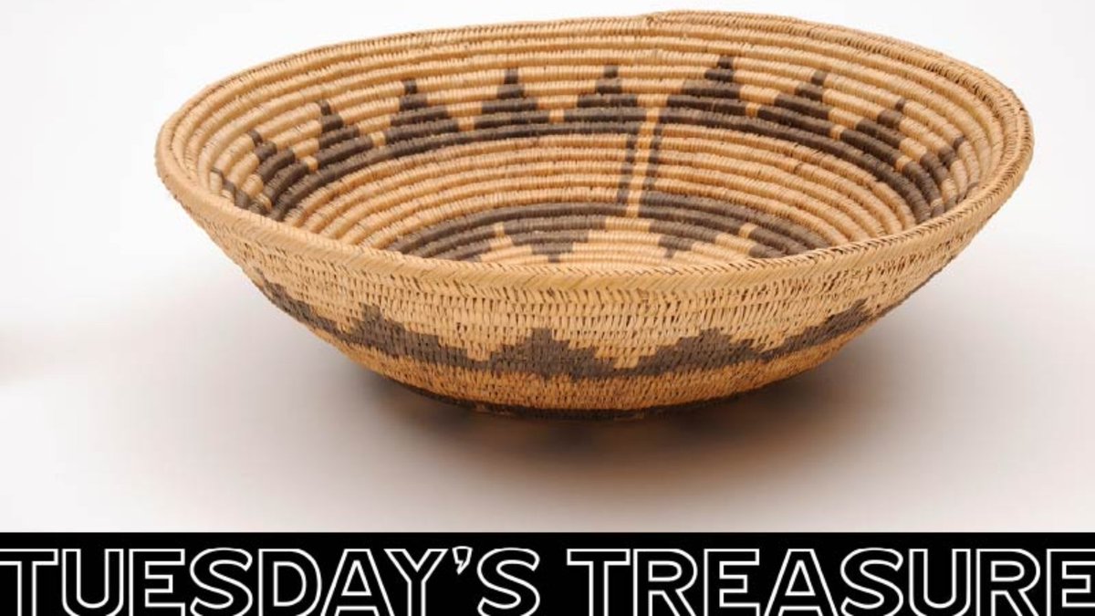 Today's Tuesday Treasure is a beautiful circa 1890 Navajo wedding basket from the Southern Ute, showcasing a coiled weave, natural colors, and a detailed geometric pattern with a herringbone rim. #codywyoming #centerofthewest #plainsindianmuseum #nativeart #navajoweddingbasket