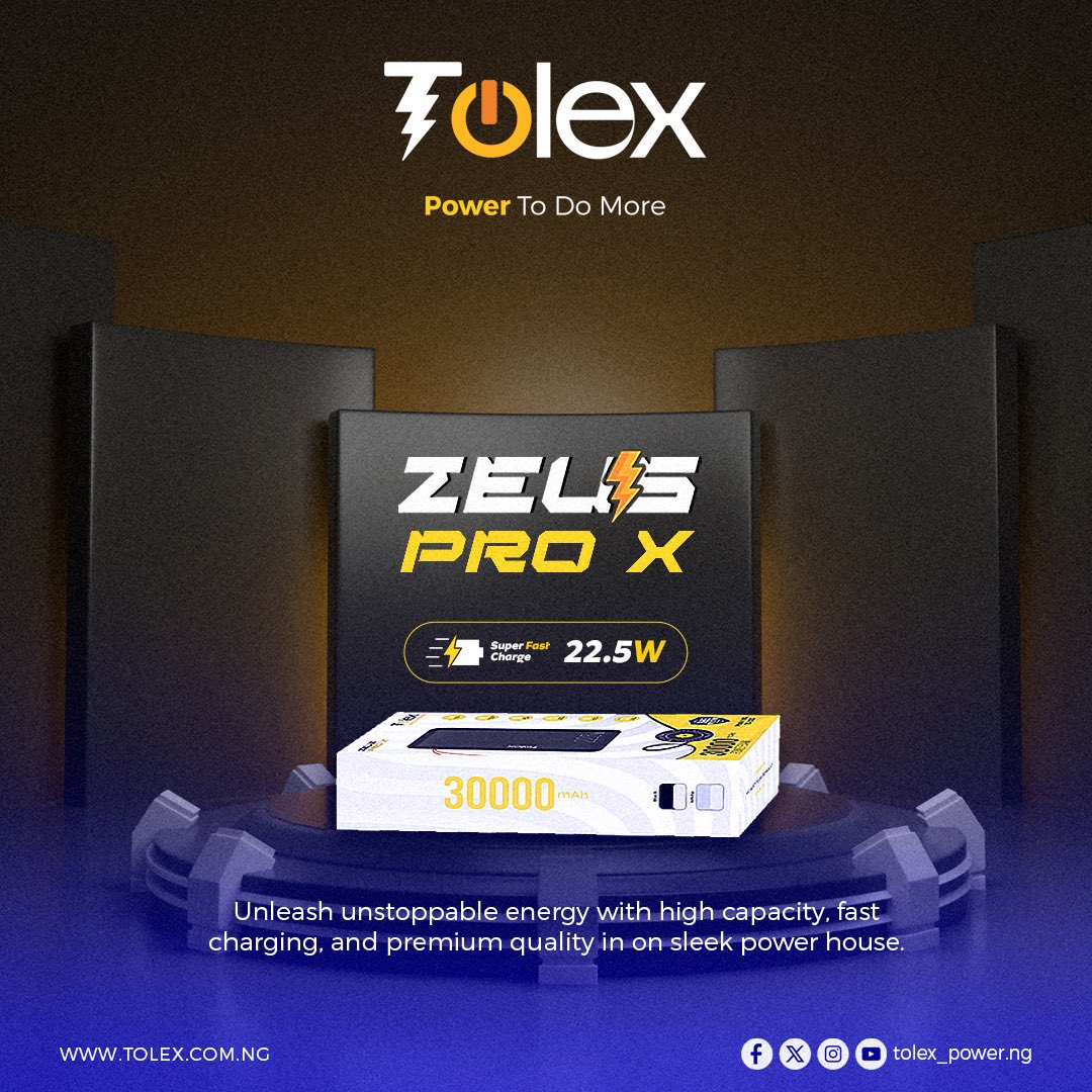 tolex_powerng's tweet photo. Built to Dominate. Powered to Outlast.⚡
The Tolex ZEUS PRO X isn’t just a power bank, it’s 30,000mAh of raw, fast-charging energy.
22.5W Super Fast Charge. Zero waiting. All power.
#ZEUSProX #TolexPower #PowerToDoMore https://t.co/vpD6MzH2aJ