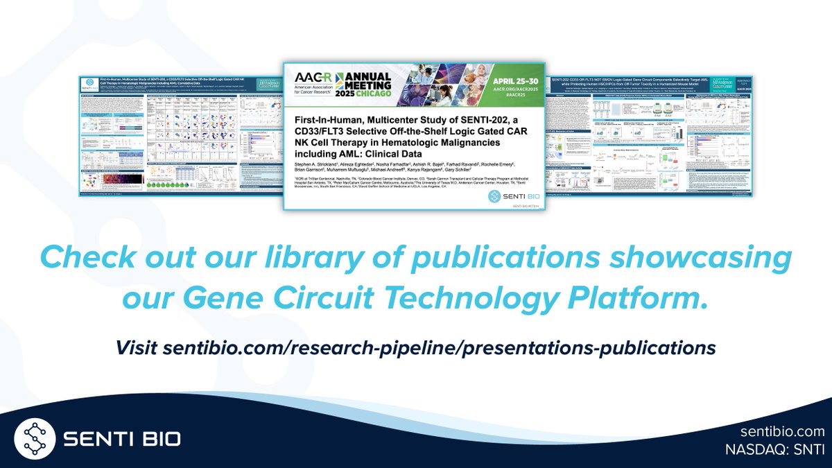 Senti Biosciences (@sentibio) on Twitter photo Check out our library of publications showcasing our Gene Circuit Technology Platform.
Explore more here: bit.ly/4jKTFFb 
$SNTI #CellTherapy #CARNK #AcuteMyeloidLeukemia #AML Check out our library of publications showcasing our Gene Circuit Technology Platform.
Explore more here: bit.ly/4jKTFFb 
$SNTI #CellTherapy #CARNK #AcuteMyeloidLeukemia #AML