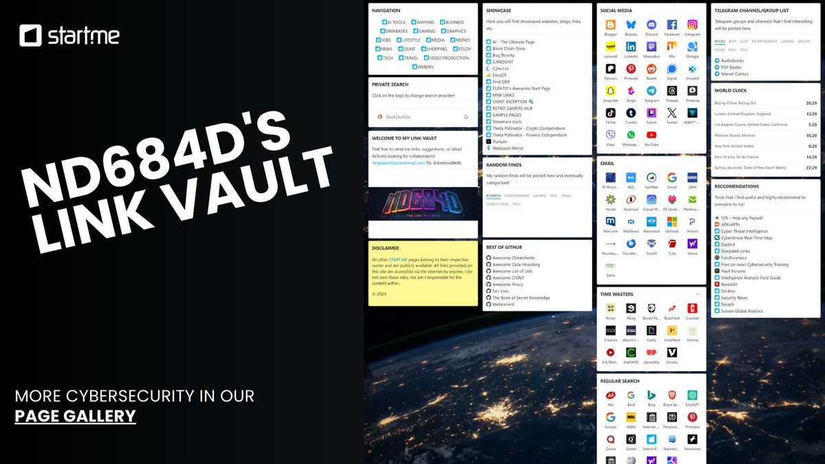 A treasure trove of links! 🧠💾
This personal dashboard by ND684D has “just about anything you’d ever need to find on the net”—plus extra pages on OSINT, Crypto, Search &amp; more.
[start.me/p/m6rb1v/link-…](start.me/p/m6rb1v/link-…)