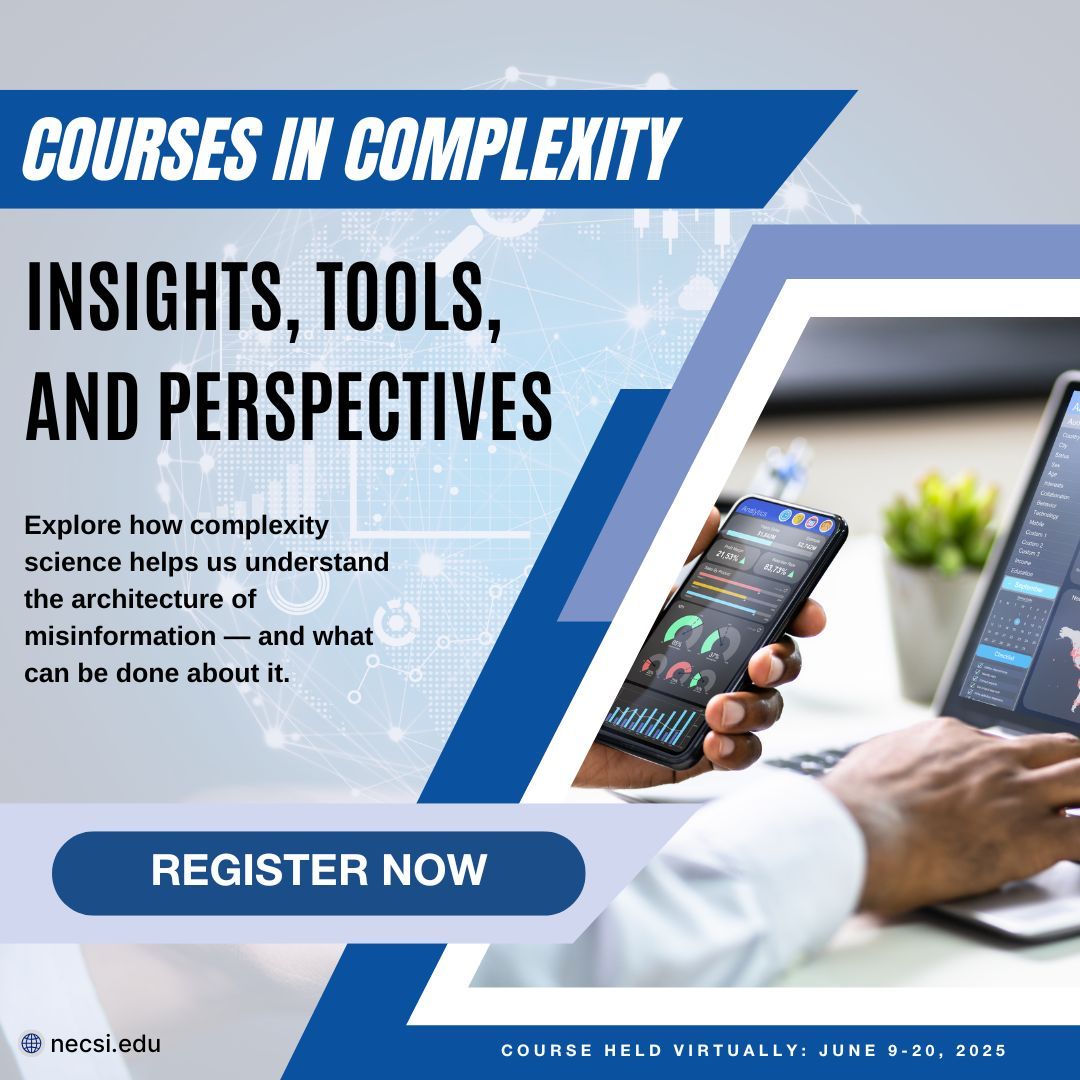 In complex systems, misinformation spreads like contagion.

Signal gets drowned in noise.
Feedback loops reinforce belief.
Networks amplify distortion at scale.

Use code Complexityonline25% at checkout for network pricing
necsi.edu/concepts-and-a…