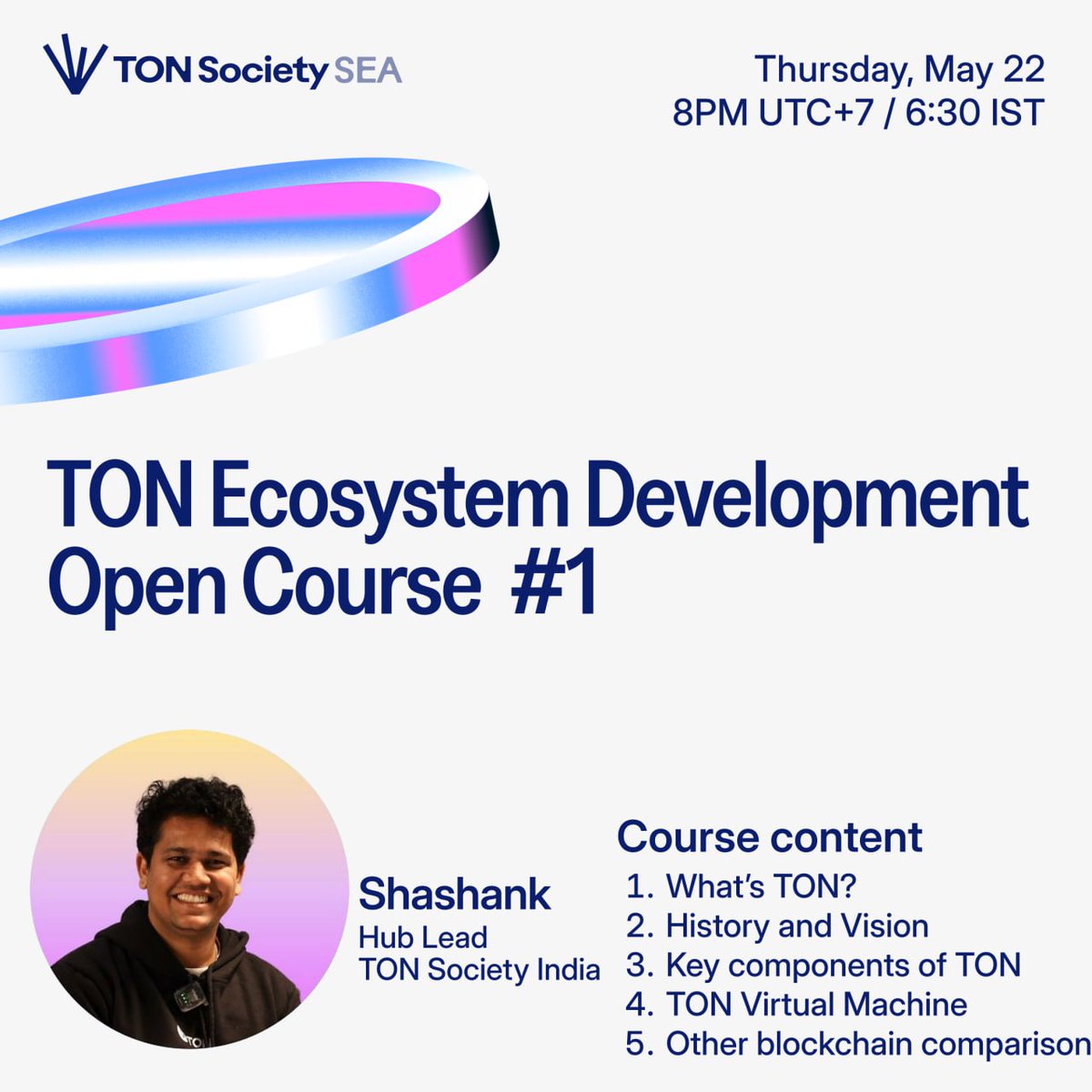 💎TON Ecosystem Development Open Course &amp; Coding Challenge 2025 #1

🗓 Thursday, May 22, 8PM (UTC+7) / 6:30 (IST)
🎙 Watch the live broadcast on Telegram or Twitter.

🥇 All participating users will receive SBT, and the password will be announced in the live broadcast room.

⭐️ A