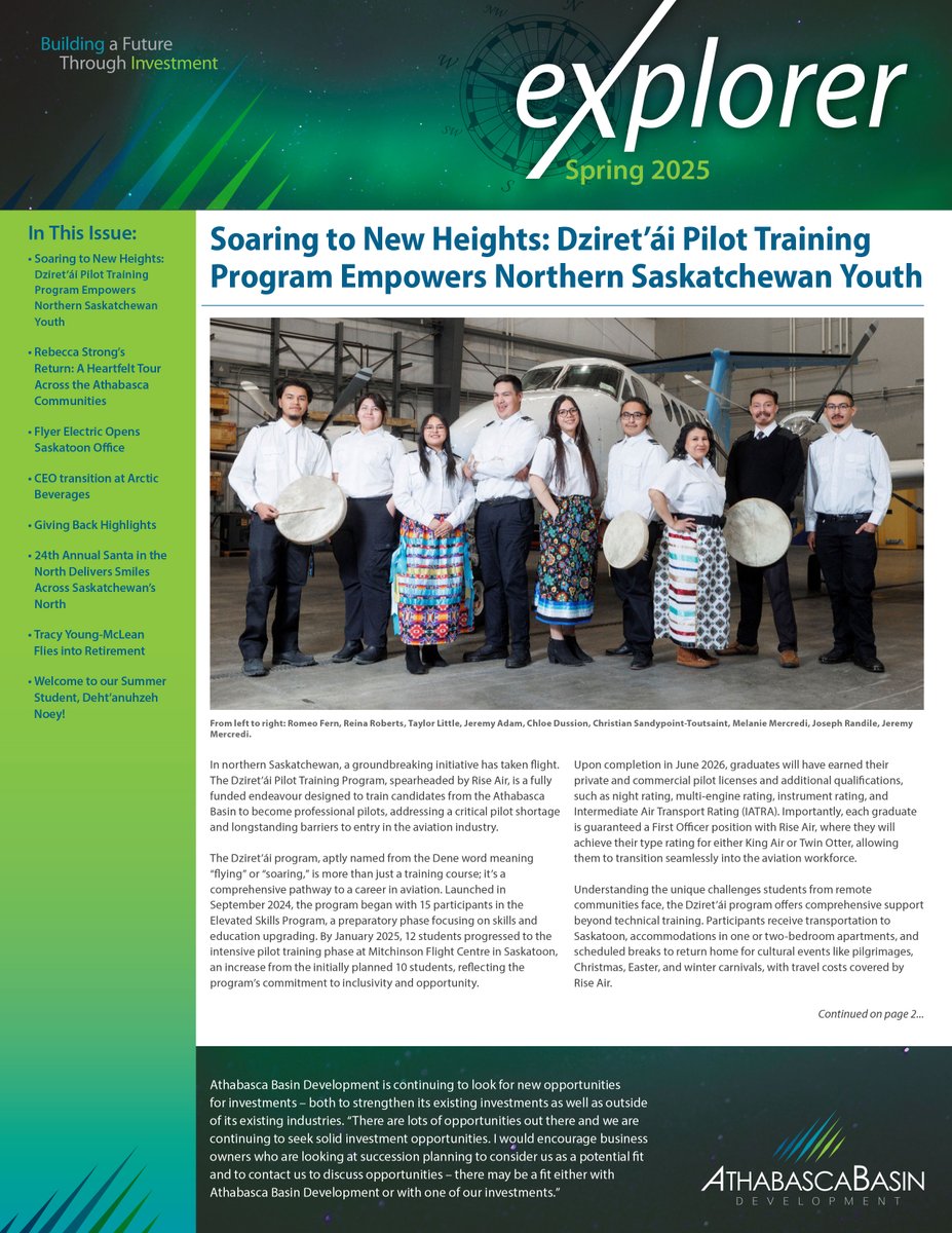 AthabascaBasin's tweet photo. The spring issue of our "The Explorer" newsletter is available on our website. Read about the Dziret’ái Pilot Training program, Rebecca Strong's tour of the Athabasca communities, our donation program updates, and more.

https://t.co/n96Tmqpwa6 https://t.co/NIuwqhUbVq