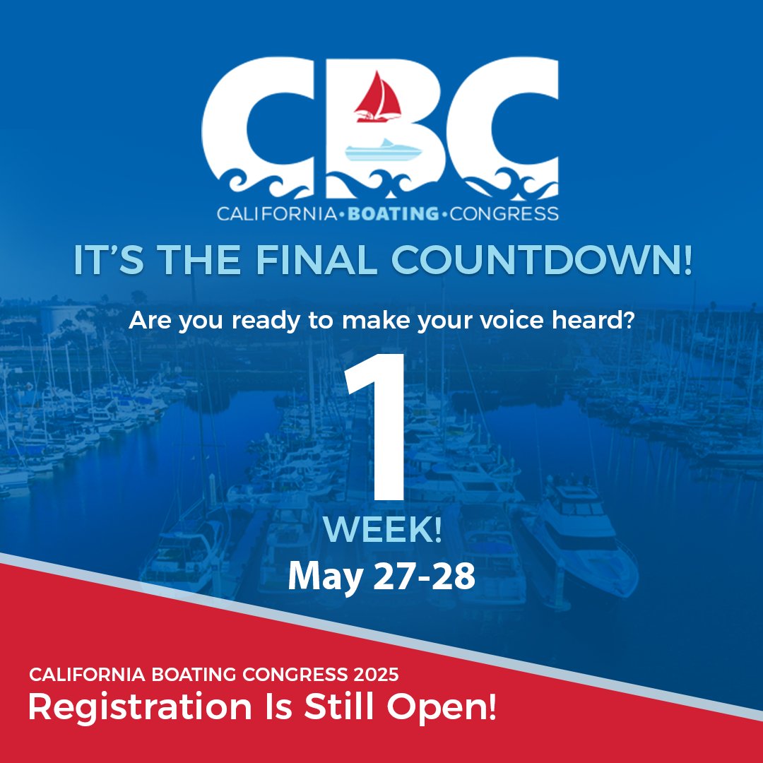 ⏳ It’s the final Countdown! 
📅 See you next week at CBC!
🔗 marina.swoogo.com/cbc2025/8132014 
#CaliforniaBoatingCongress #MarineRecreationAssociation #BoatingPolicy #MRAEvents #MarinaAdvocacy #BoatingIndustry #CaliforniaBoating #CBC2025 #BoatingRegulations #MarineIndustry