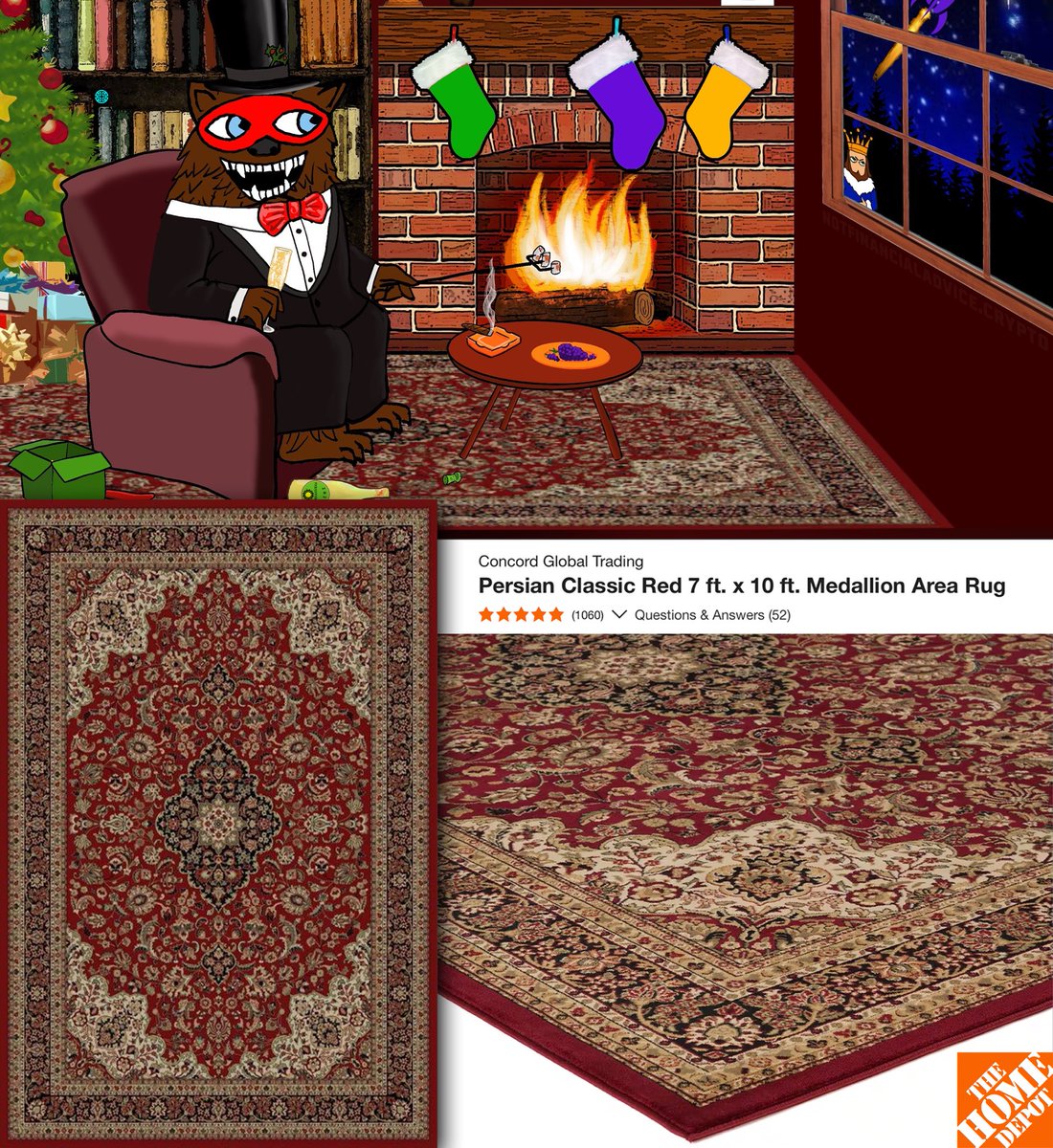 NFAdotcrypto's tweet photo. Found the exact rug… 👀

It’s a “Persian Classic Red Medallion Area Rug” made by Concord Global Trading and you can actually buy it at Home Depot. 😂 https://t.co/PgLhkrummU