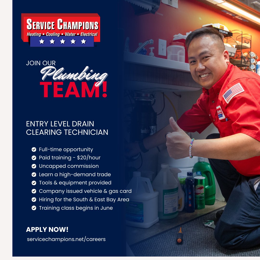 ServiceChampsN's tweet image. We&apos;re excited to introduce our new Entry Level Drain Clearing Technician Training Class and want YOU to join our team! 🪠🚽

Position: Entry Level Drain Clearing Technician
Apply Now: servicechampions.net/careers

#DrainTech #PlumbingJobs #EntryLevel #JobOpening #ServiceChampions