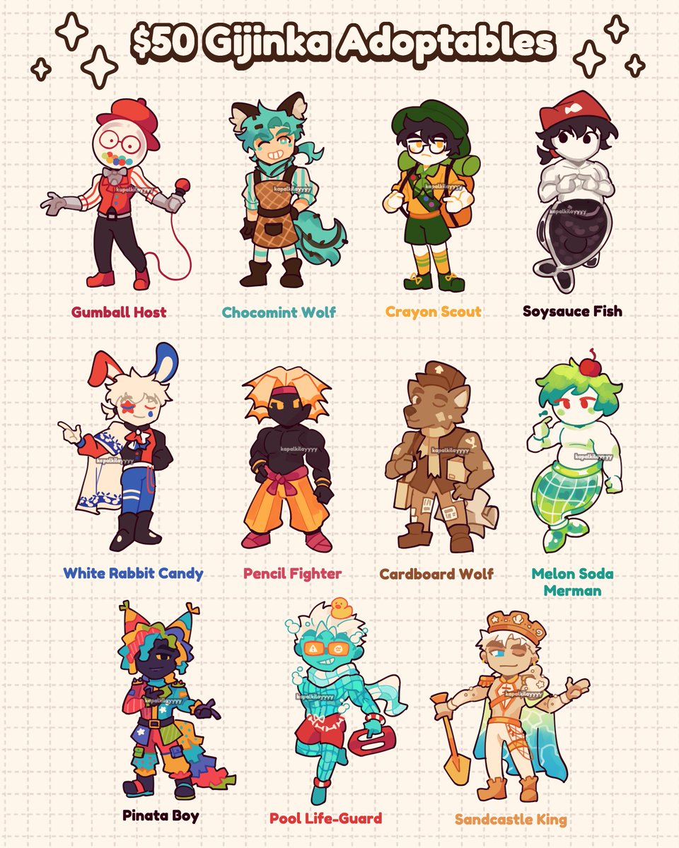 ⟡₊⋆ $50 Gijinka Adoptables! ∘˚⊹

The lil gijinka bois i've been doing recently are finished ^^ Feel free to adopt em!

Rules are posted below :D!