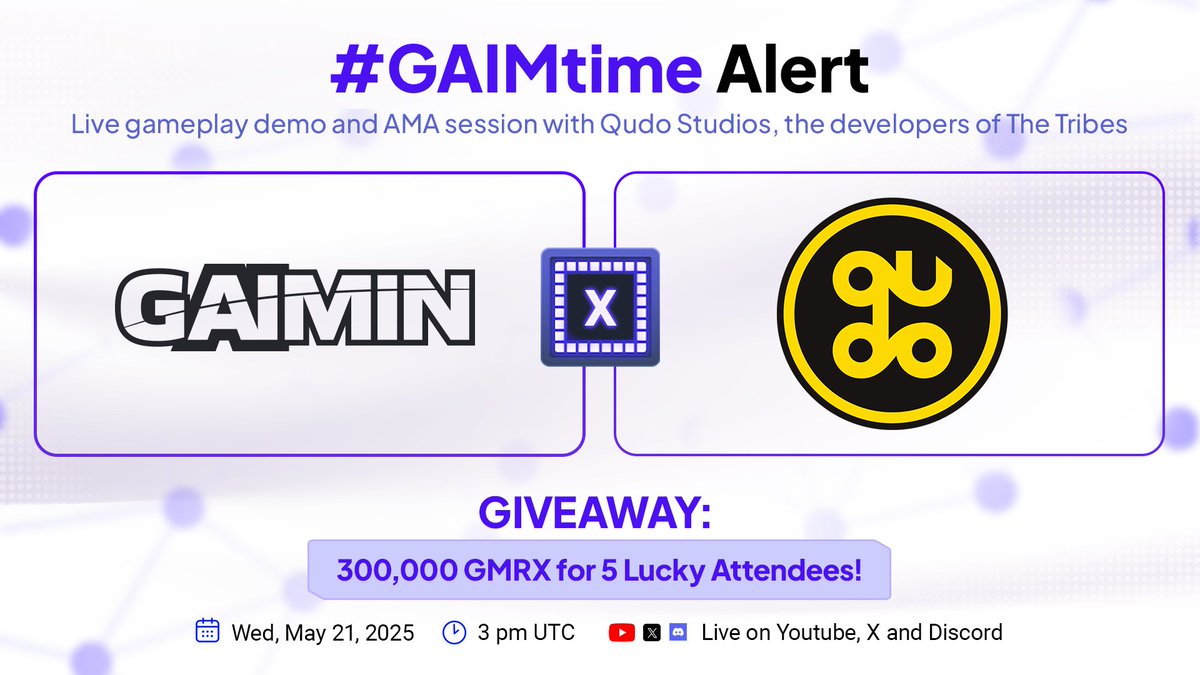 🎮 New GAIMtime session featuring The Tribes 👨‍👩‍👧‍👦

Join us this Wednesday for yet another GAIMtime Live session featuring The Tribes, a fast-paced shooter game from @Qudocoin, now live on the GAIMIN platform! 💥

Tune in to catch the gameplay live and get an inside look at what