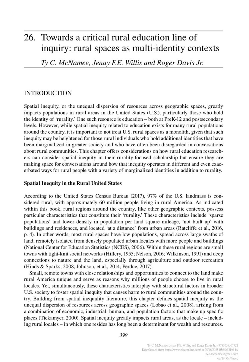 Dr. Ty C. McNamee (he, him, his) (@tycmcnamee) on Twitter photo Pub alert! Towards a Critical Rural Education Line of Inquiry: Rural Spaces as Multi-Identity Contexts, published in the Handbook on Rural and Remote Ed. Honored to have written this piece with Dr. <a href="/JenayWillis/">Jenay Willis</a> and <a href="/jrdavisroger/">Roger Davis Jr.</a>! THANK YOU to the editors! elgaronline.com/edcollbook/boo… Pub alert! Towards a Critical Rural Education Line of Inquiry: Rural Spaces as Multi-Identity Contexts, published in the Handbook on Rural and Remote Ed. Honored to have written this piece with Dr. <a href="/JenayWillis/">Jenay Willis</a> and <a href="/jrdavisroger/">Roger Davis Jr.</a>! THANK YOU to the editors! elgaronline.com/edcollbook/boo…