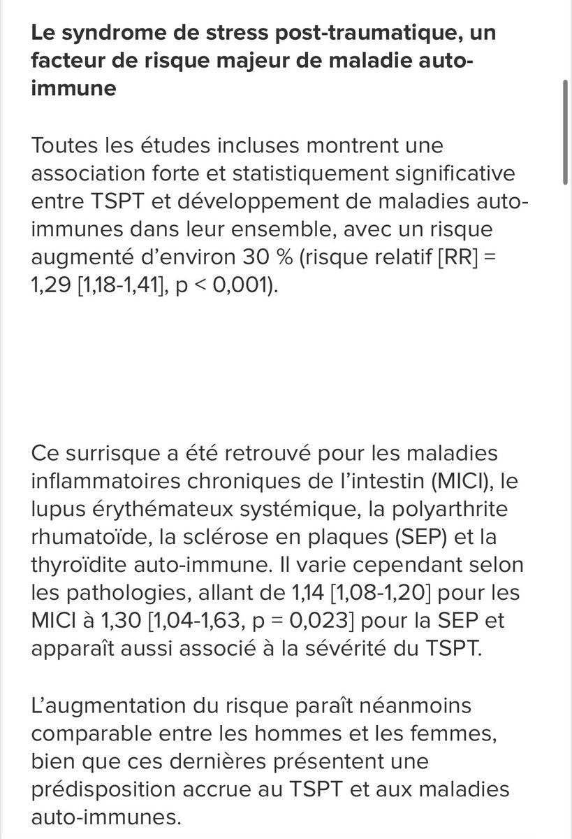 Le syndrome de stress post-traumatique serait associé à une ↗️ du risque de 30% de développer une maladie auto-immune (lupus, polyarthrite rhumatoïde, sclérose en plaques, thyroïdite)

Les troubles psy « C dans ta tête »?

Bah pas seulement en fait