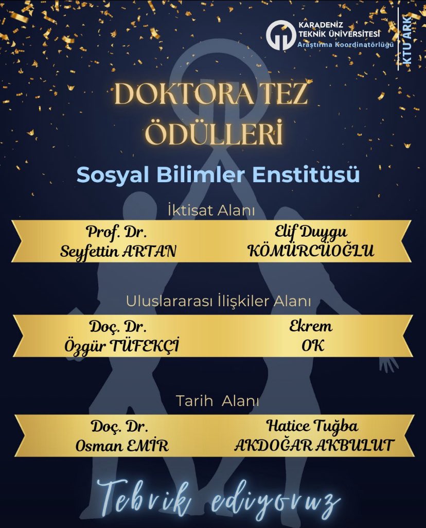 KTÜ 2025 yılı En İyi Doktora Tez Ödülleri kapsamında “Transformation of humanitarian intervention: A comparative perspective, 1945-2020 (İnsani müdahalenin dönüşümü: Karşılaştırmalı bir inceleme, 1945-2020)” adlı teziyle ödüle layık görülen Dr. Ekrem OK’u tebrik eder; bundan