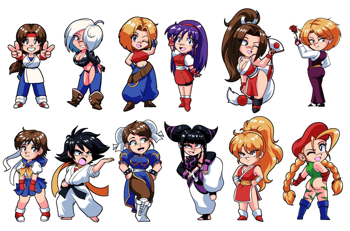 Handful of Fighting Gal Chibi's i've drawn up for stickers.  I'd love to get back to making many more of these soon!