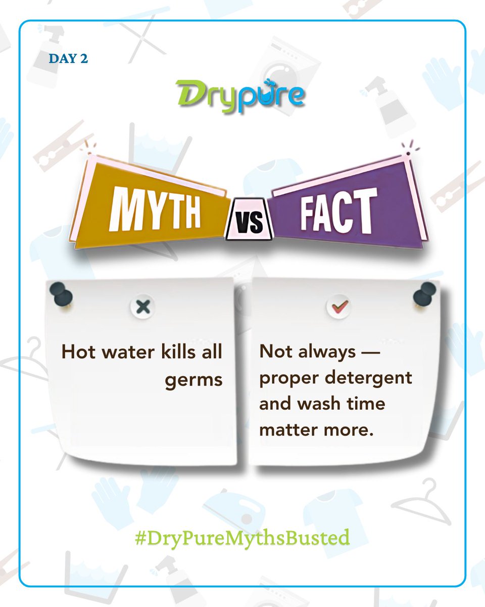 drypureindia's tweet photo. Hot water ≠ germ-free! ❌🦠
Proper detergent + wash time = real clean ✅🧼

Trust Dry Pure for expert, hygienic laundry care! 💙

#DryPureMythsBusted #LaundryFacts #CleanClothes #LaundryMyths #DryPureLaundry https://t.co/MJ9RAewbLB