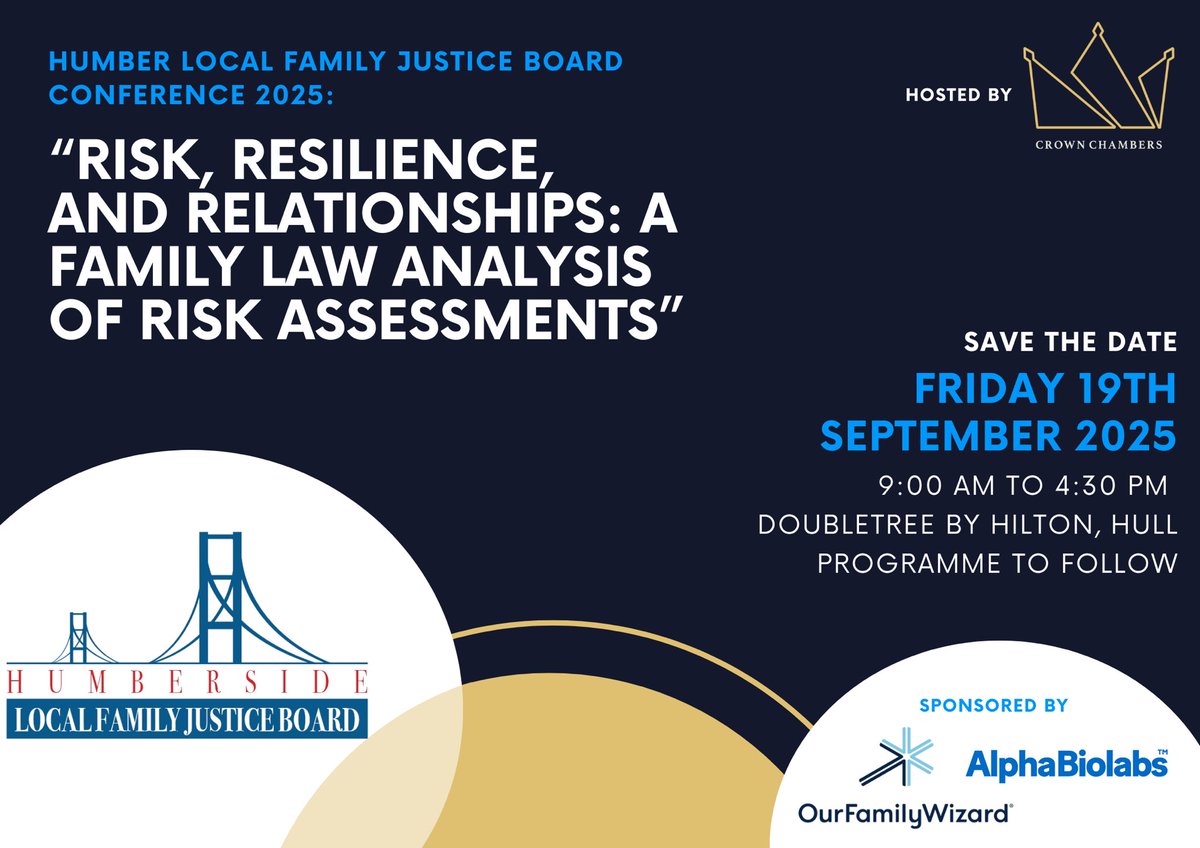 Save the Date!

⭐️Humber LFJB Conference 2025⭐️ 

📅Friday 19th September 2025
📍DoubleTree by Hilton, Hull
🎟️Tickets and programme details to follow

#LFJBConference 

Sponsored by the brilliant: <a href="/OurFamilyWizard/">OurFamilyWizard</a> <a href="/AlphaBioLabs/">AlphaBiolabs</a>