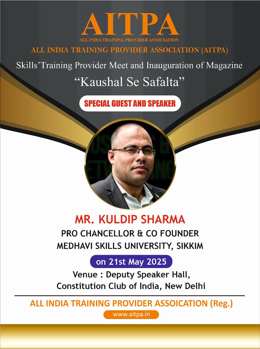 medhaviskills's tweet photo. Pleased to share that our Co-Founder &amp; Pro-Chancellor Mr. @KuldipSarmaMSU will join the Skills’ Training Provider Meet by AITPA on May 21 in Delhi. The event will be graced by Dr. @RssIndreshKumar, National Executive Member, (RSS) as the Chief Guest.

#SkillIndia #MSU https://t.co/lTSqi6veZg