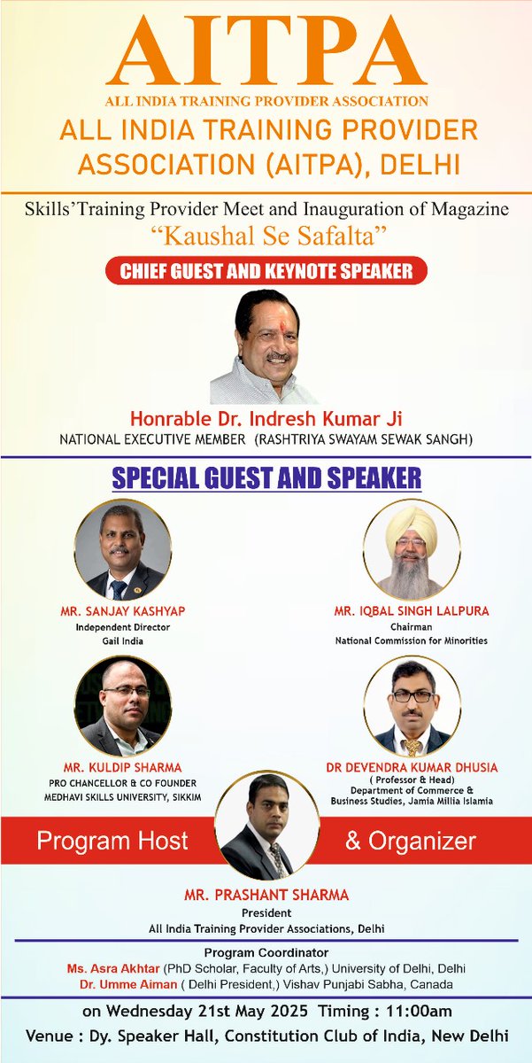 medhaviskills's tweet photo. Pleased to share that our Co-Founder &amp; Pro-Chancellor Mr. @KuldipSarmaMSU will join the Skills’ Training Provider Meet by AITPA on May 21 in Delhi. The event will be graced by Dr. @RssIndreshKumar, National Executive Member, (RSS) as the Chief Guest.

#SkillIndia #MSU https://t.co/lTSqi6veZg