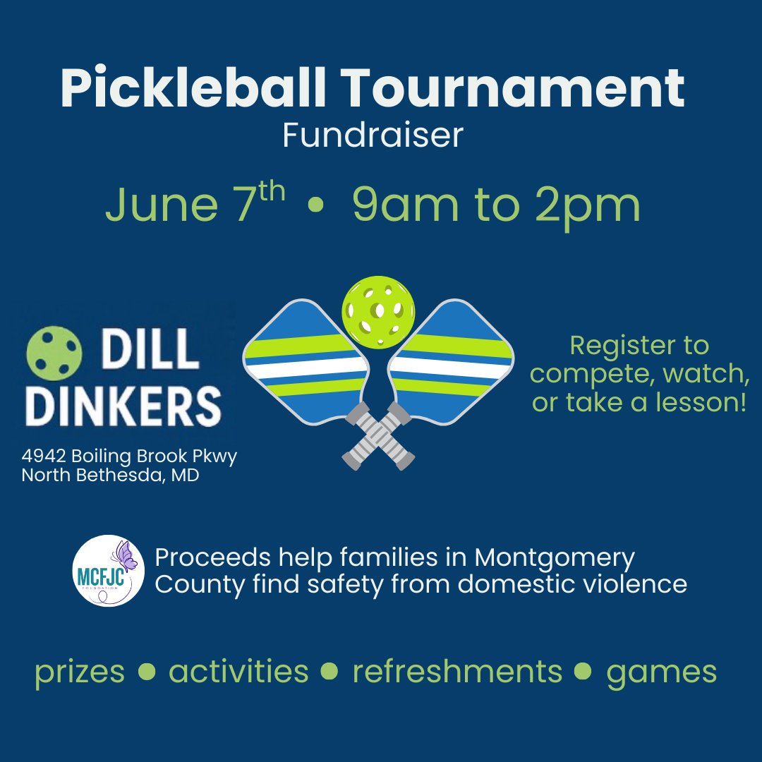 Calling all pickleball players! Join our community tournament on June 7th at Dill Dinkers and compete for both glory and prizes. Play with purpose and help raise funds for survivors of domestic violence and their children. Hurry, slots are limited: mcfjcf.ejoinme.org/tickets