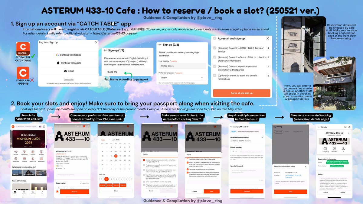 [Guidance] How to book PLAVE's ASTERUM 433-10 Cafe for International PLLIs (250521 ver.)

This is a compilation on how to create an account via Global CATCHTABLE app &amp; reserve / book a slot at the cafe as a non-Korean resident / foreigner fan living abroad. 

Hope this helps!😊