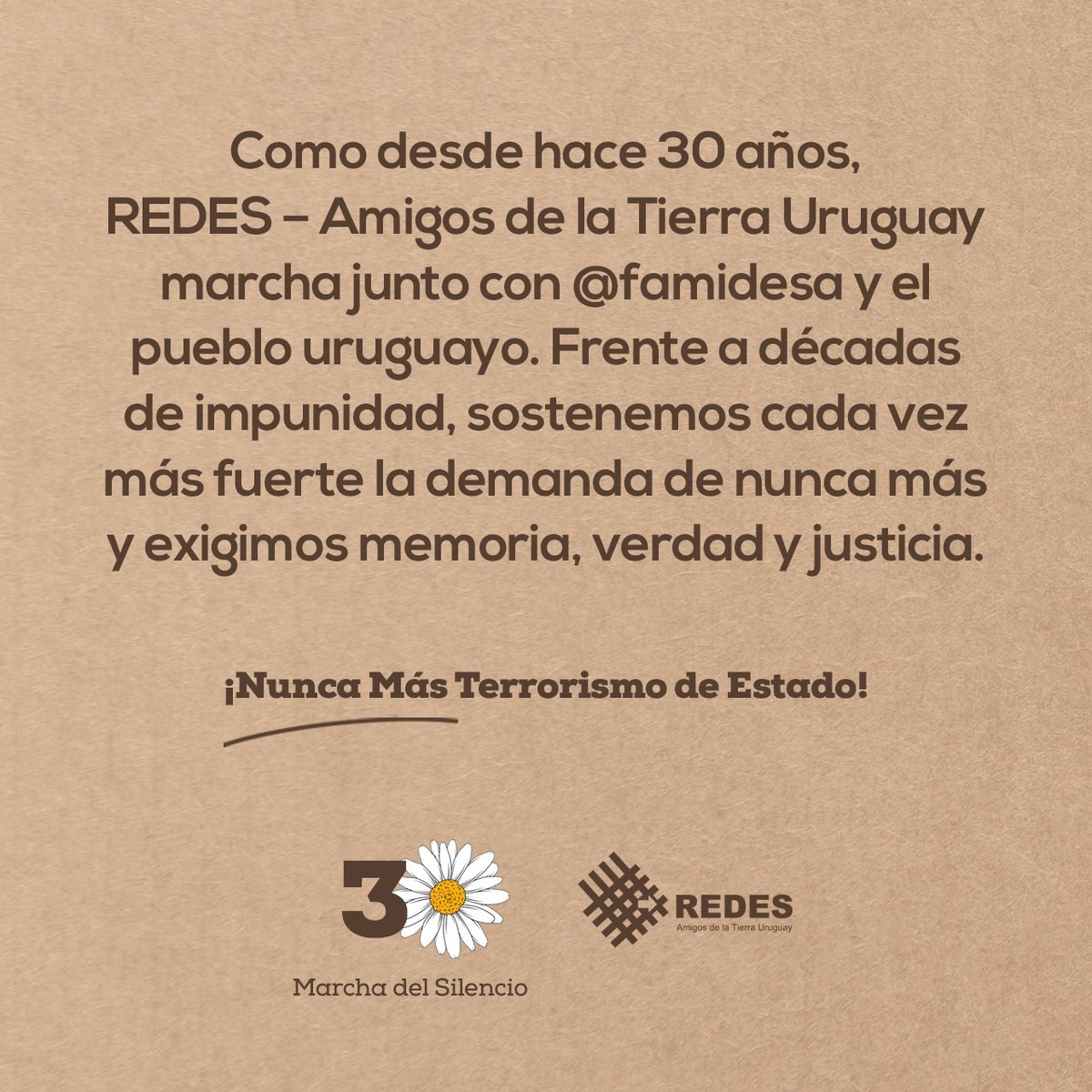 🌼Nos vemos a las 19h en Rivera y Jackson con <a href="/famidesa/">Famidesa</a> 

#30marchadelsilencio #mayomesdelamemoria 
#MarchaDelSilencio #VerdadMemoriayJusticia